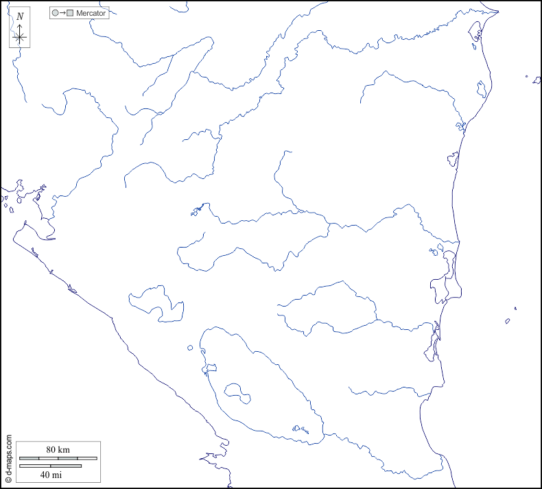 Nicaragua : d-maps.com: mapa gratuito, mapa mudo gratuito, mapa en blanco gratuito, plantilla de mapa : costas, hidrografía, blanco