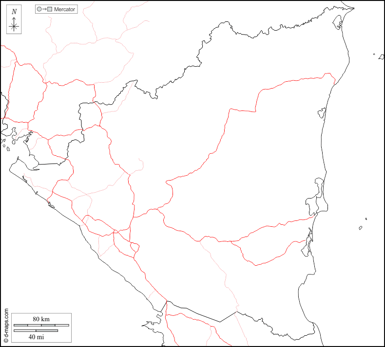 Nicarágua : d-maps.com: mapa livre, mapa em branco livre, mapa livre do esboço, mapa básico livre
 : fronteiras, estradas, branco
