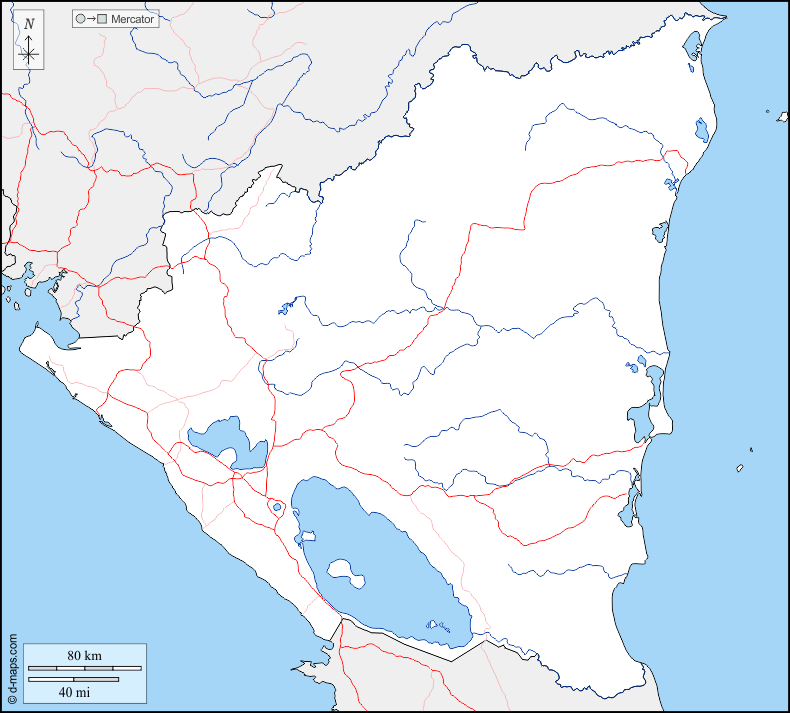 Nicaragua : d-maps.com: mapa gratuito, mapa mudo gratuito, mapa en blanco gratuito, plantilla de mapa : fronteras, hidrografía, carreteras
