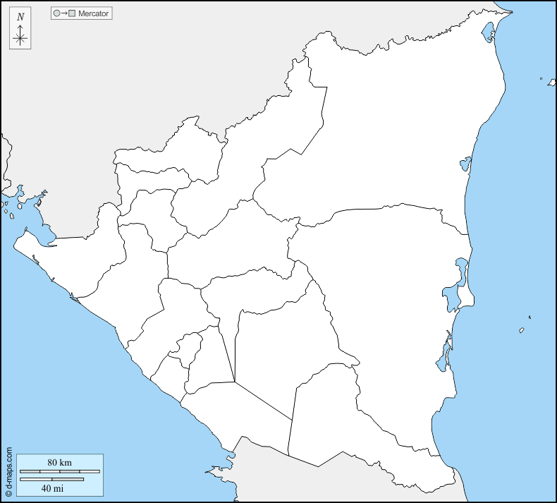 Nicaragua : d-maps.com: mapa gratuito, mapa mudo gratuito, mapa en blanco gratuito, plantilla de mapa : fronteras, departamentos