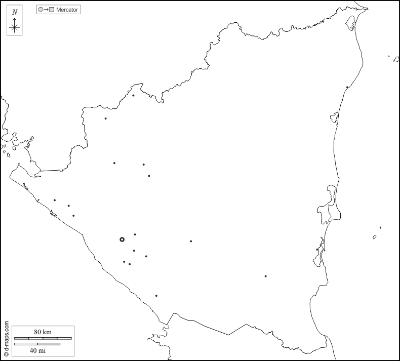 نيكاراغوا : خريطة مجانية, خريطة خاليه من الفراغ, خريطة الخطوط العريضة, خريطة القاعدة الحرة
 : حدود, المدن الرئيسية, أبيض