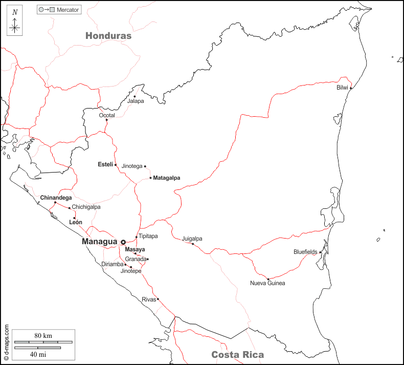 Nicaragua : d-maps.com: mappa gratuita, mappa muta gratuita, cartina muta gratuita : frontiere, principali città, strade, nomi, bianco