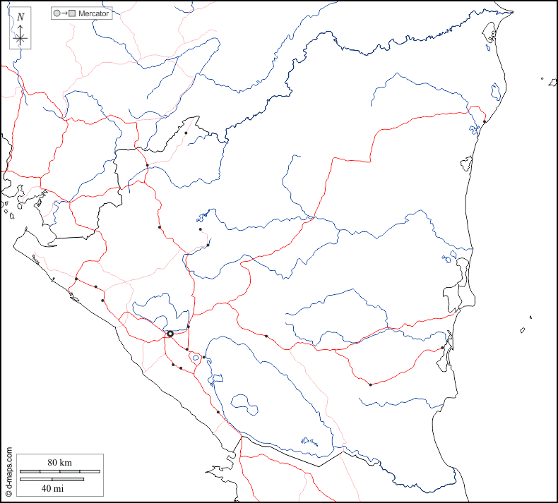 ニカラグア : d-maps.com: 無料地図, 無料の空の地図, 無料のアウトラインマップ, 無料のベースマップ
 : 境界, 川と湖, 主要都市, 道路, 白い