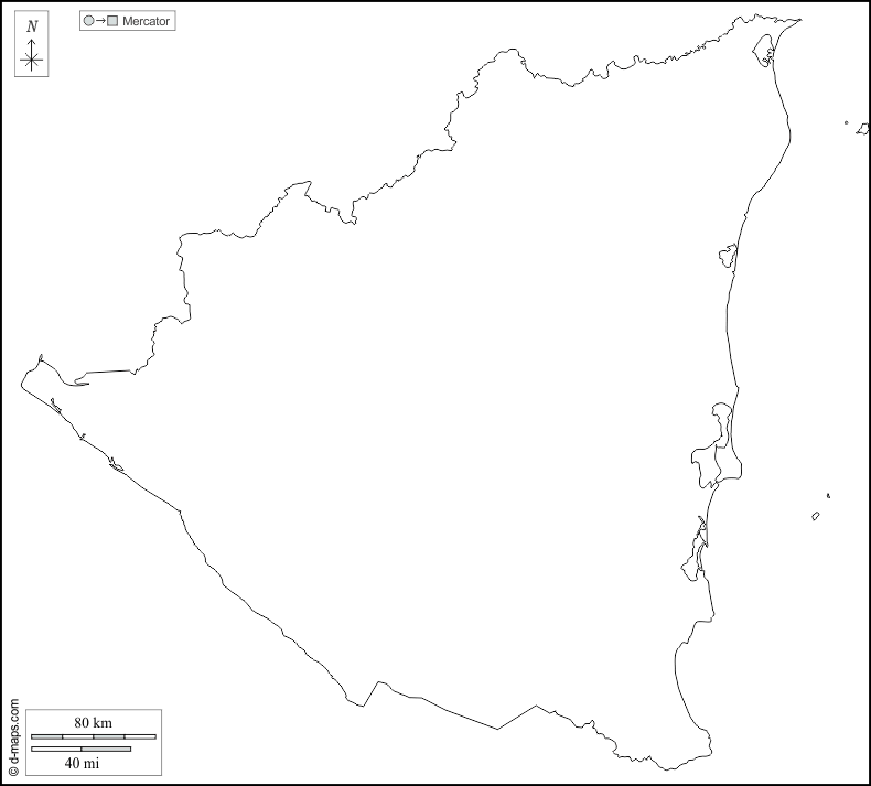 Nicaragua : d-maps.com: carte géographique gratuite, carte géographique muette gratuite, carte vierge gratuite, fond de carte gratuit, formats graphiques courants : contours, blanc