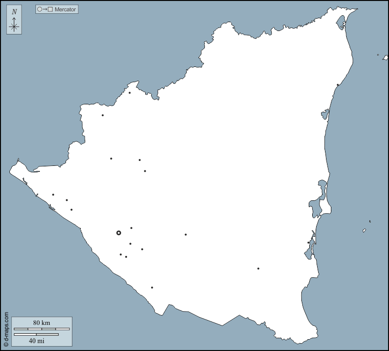 Nicaragua : d-maps.com: mapa gratuito, mapa mudo gratuito, mapa en blanco gratuito, plantilla de mapa : contornos, principales ciudades