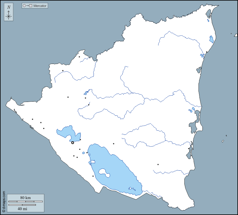 Nicaragua : d-maps.com: carte géographique gratuite, carte géographique muette gratuite, carte vierge gratuite, fond de carte gratuit, formats graphiques courants : contours, hydrographie, principales villes