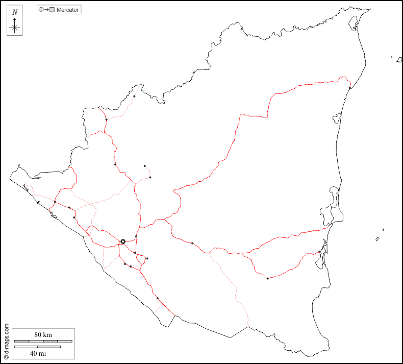 Nicarágua : d-maps.com: mapa livre, mapa em branco livre, mapa livre do esboço, mapa básico livre
 : contornos, principais cidades, estradas, branco