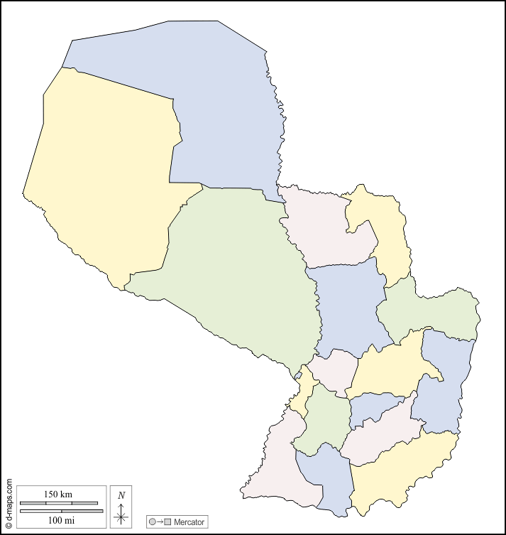 Paraguay : d-maps.com: mappa gratuita, mappa muta gratuita, cartina muta gratuita : contorni, dipartimenti, colore, bianco