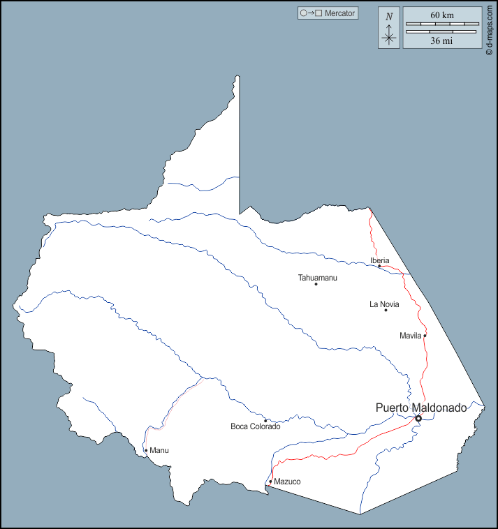 Мадре де Диос : d-maps.com: Бесплатная карта, бесплатная карта, свободная карта, Бесплатная базовая карта
 : контур, гидрографии, Главные города, дорог, имена