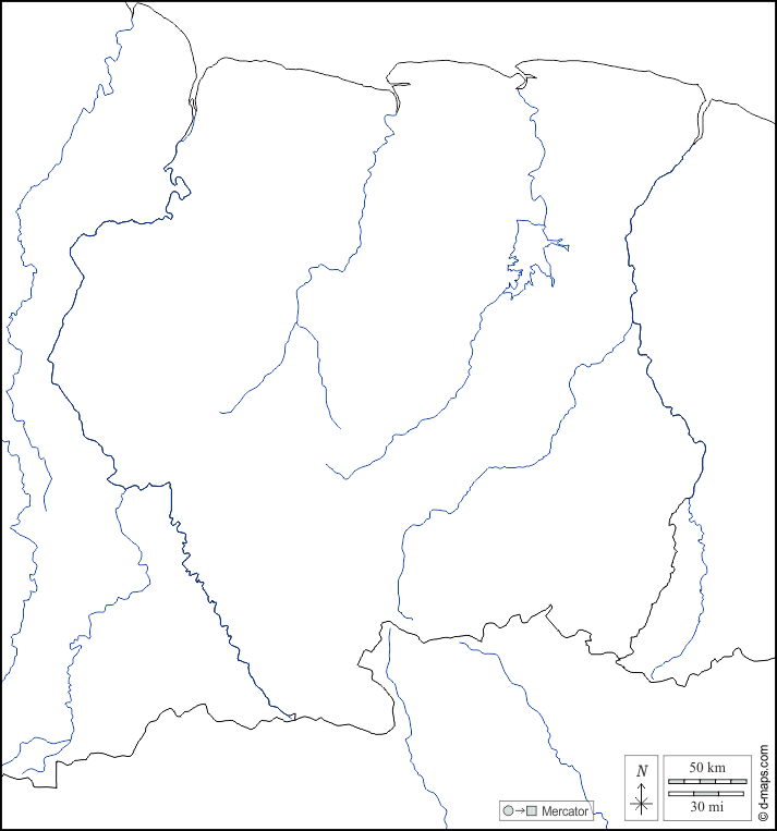 Surinam : d-maps.com: mapa gratuito, mapa mudo gratuito, mapa en blanco gratuito, plantilla de mapa : fronteras, hidrografía, blanco