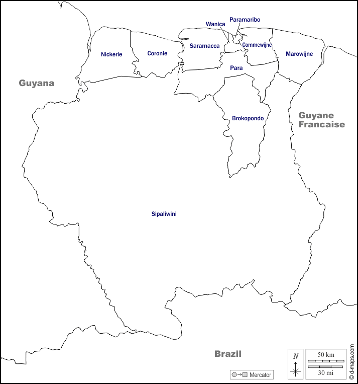 Суринам : d-maps.com: Бесплатная карта, бесплатная карта, свободная карта, Бесплатная базовая карта
 : границы, районов, имена, Белый