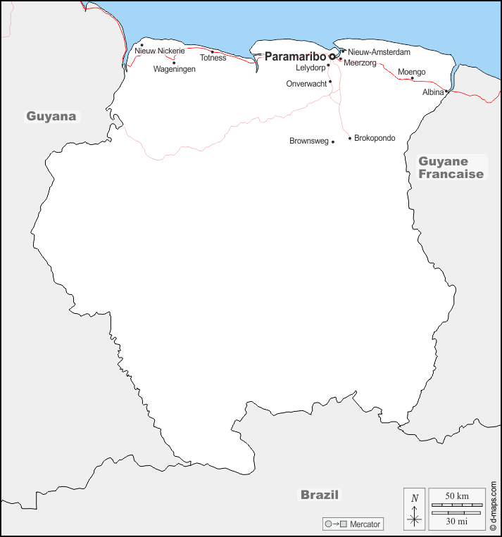 Suriname : d-maps.com: free map, free blank map, free outline map, free base map : boundaries, main cities, roads, names