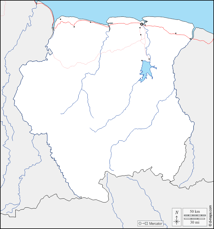 Суринам : d-maps.com: Бесплатная карта, бесплатная карта, свободная карта, Бесплатная базовая карта
 : границы, гидрографии, Главные города, дорог