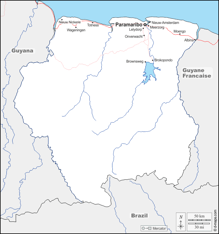 سورينام : خريطة مجانية, خريطة خاليه من الفراغ, خريطة الخطوط العريضة, خريطة القاعدة الحرة
 : حدود, هيدروغرافيا, المدن الرئيسية, الطرق, أسماء