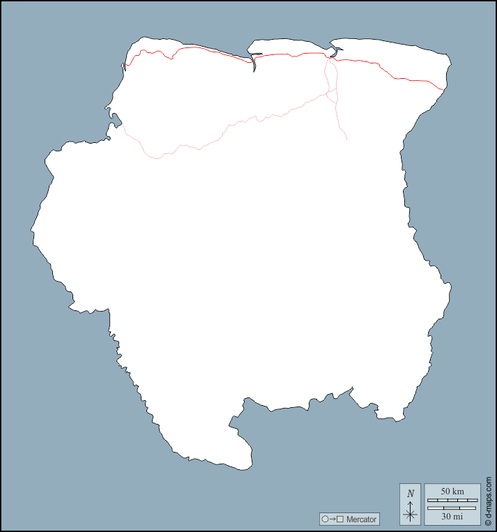 Suriname : d-maps.com: mapa livre, mapa em branco livre, mapa livre do esboço, mapa básico livre
 : contornos, estradas