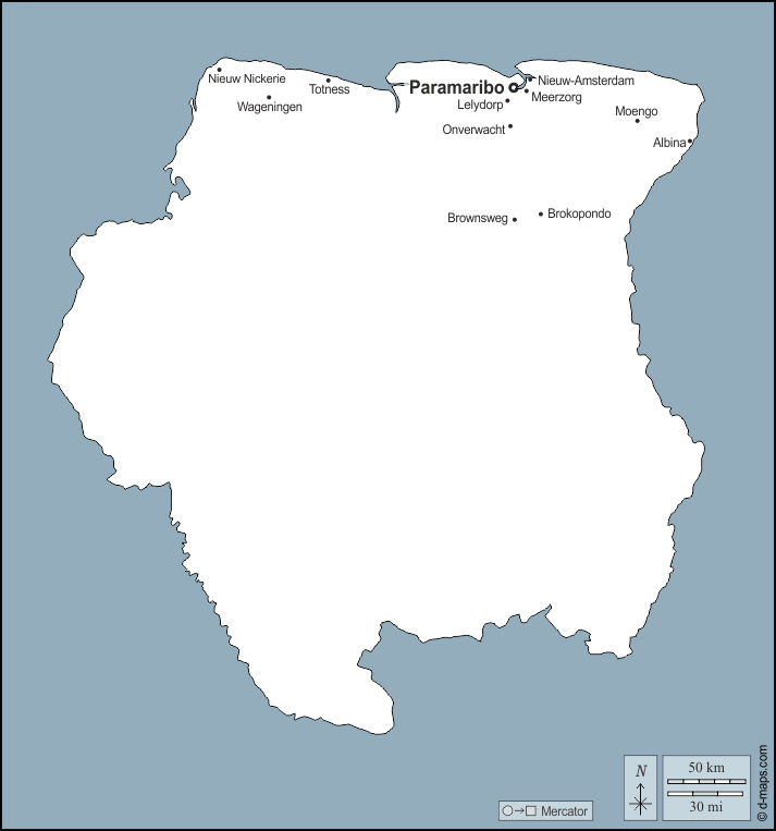 Surinam : d-maps.com: mapa gratuito, mapa mudo gratuito, mapa en blanco gratuito, plantilla de mapa : contornos, principales ciudades, nombres