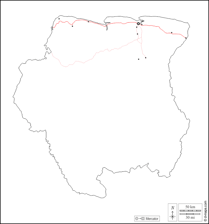Suriname : d-maps.com: Kostenlose Karten, kostenlose stumme Karte, kostenlose unausgefüllt Landkarte, kostenlose hochauflösende Umrisskarte : Umrisse, Wichtige Städte, Straßen, weiß