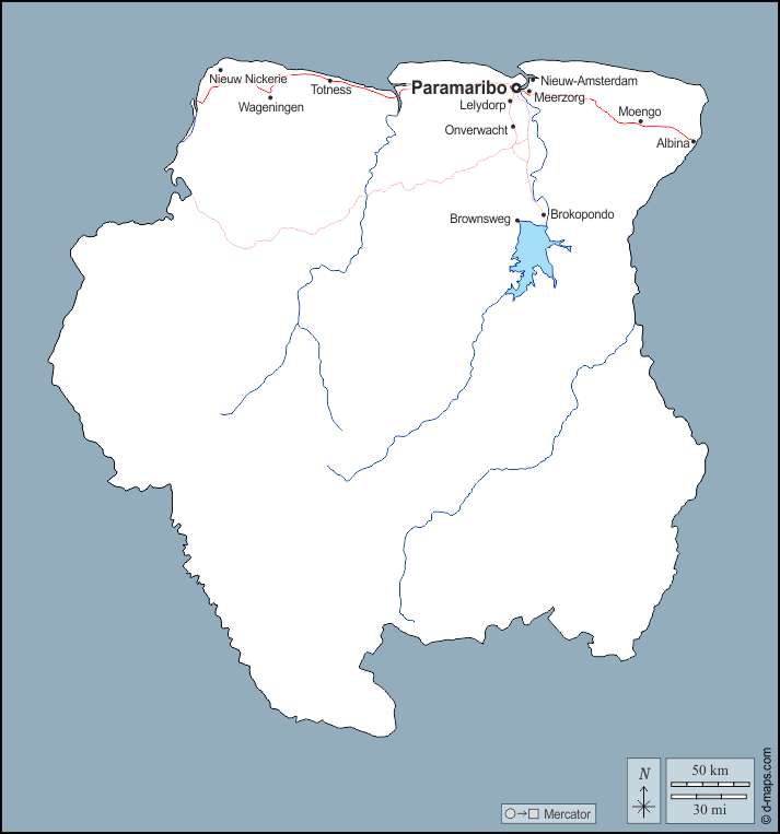 Suriname : d-maps.com: mappa gratuita, mappa muta gratuita, cartina muta gratuita : contorni, idrografia, principali città, strade, nomi