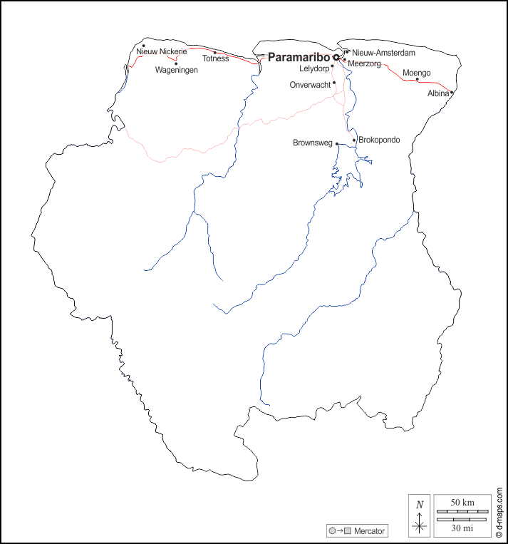 Suriname : d-maps.com: mappa gratuita, mappa muta gratuita, cartina muta gratuita : contorni, idrografia, principali città, strade, nomi, bianco