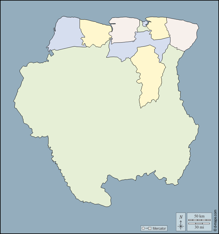 Suriname : d-maps.com: Kostenlose Karten, kostenlose stumme Karte, kostenlose unausgefüllt Landkarte, kostenlose hochauflösende Umrisskarte : Umrisse, Bezirke, Farbe