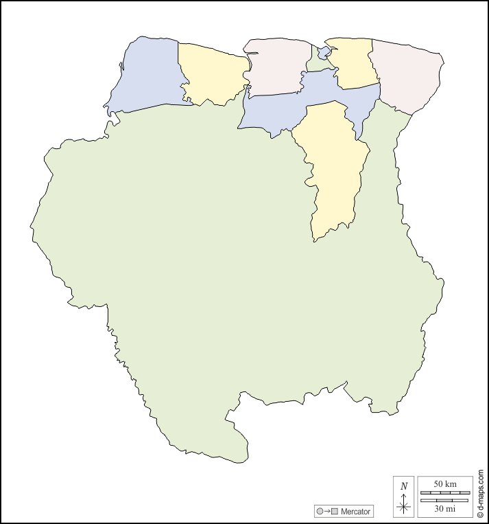 Suriname : d-maps.com: Kostenlose Karten, kostenlose stumme Karte, kostenlose unausgefüllt Landkarte, kostenlose hochauflösende Umrisskarte : Umrisse, Bezirke, Farbe, weiß