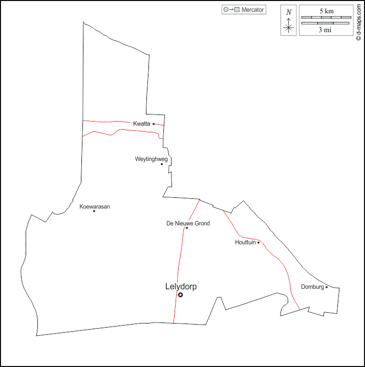 Wanica : d-maps.com: mappa gratuita, mappa muta gratuita, cartina muta gratuita : contorni, principali città, strade, nomi, bianco