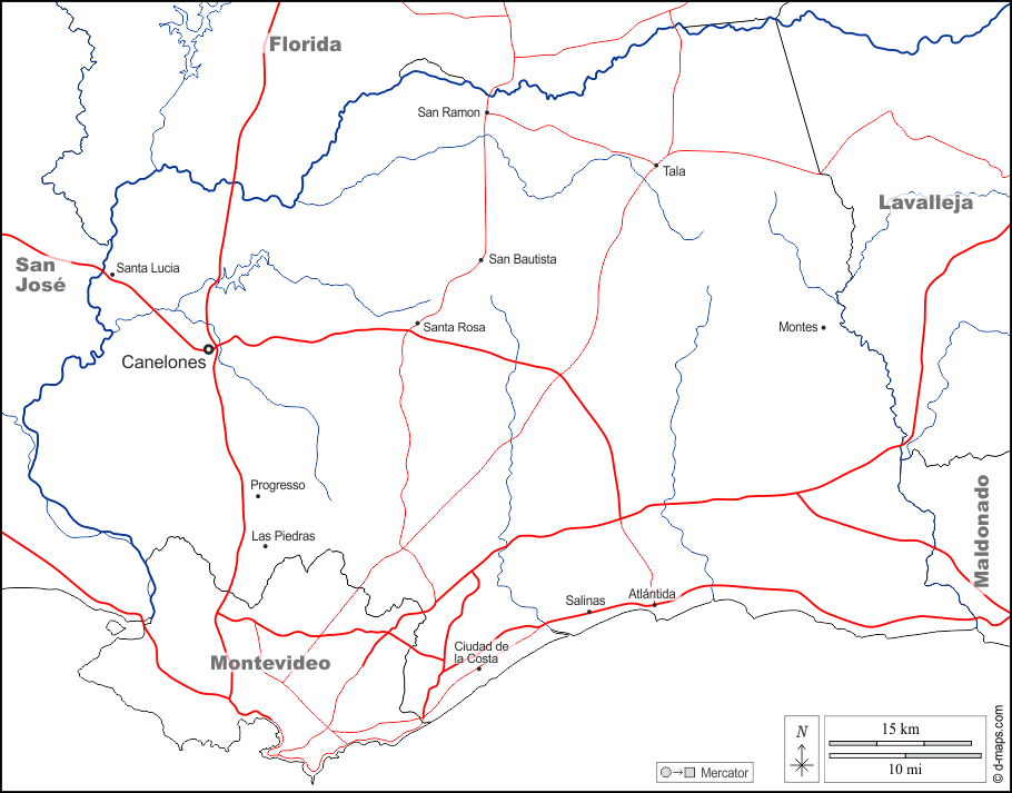 Канелонес : d-maps.com: Бесплатная карта, бесплатная карта, свободная карта, Бесплатная базовая карта
 : границы, гидрографии, Главные города, дорог, имена, Белый