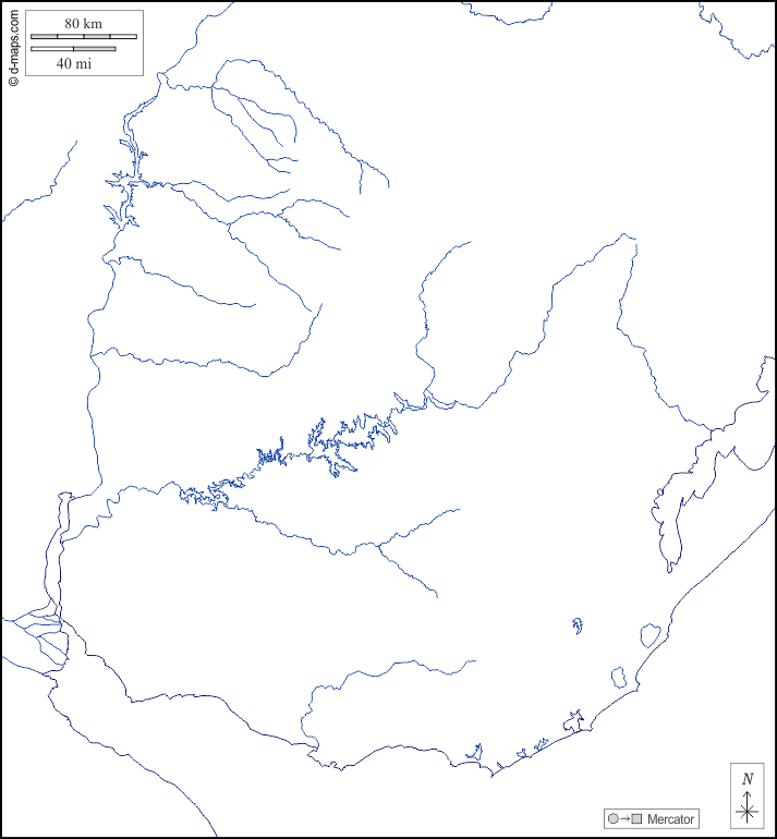 ウルグアイ : d-maps.com: 無料地図, 無料の空の地図, 無料のアウトラインマップ, 無料のベースマップ
 : 海岸, 川と湖, 白い
