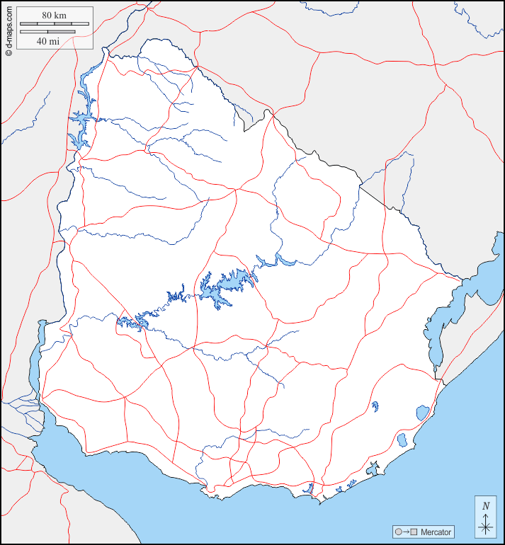 Uruguay : d-maps.com: mappa gratuita, mappa muta gratuita, cartina muta gratuita : frontiere, idrografia, strade