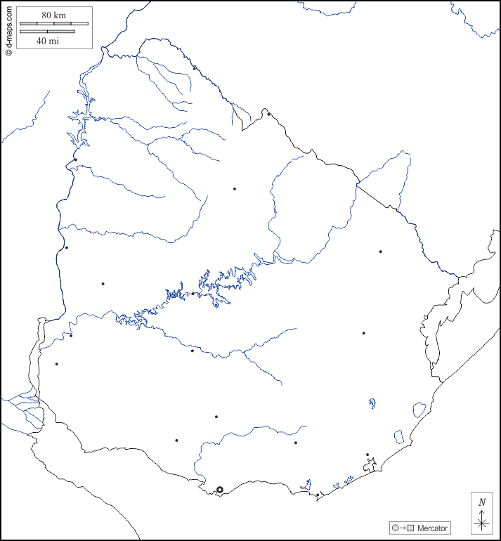 Uruguay : d-maps.com: Kostenlose Karten, kostenlose stumme Karte, kostenlose unausgefüllt Landkarte, kostenlose hochauflösende Umrisskarte : Grenzen, Hydrografie, Wichtige Städte, weiß