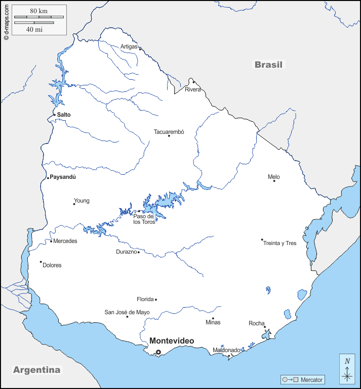 Uruguay : d-maps.com: Kostenlose Karten, kostenlose stumme Karte, kostenlose unausgefüllt Landkarte, kostenlose hochauflösende Umrisskarte : Grenzen, Hydrografie, Wichtige Städte, Namen