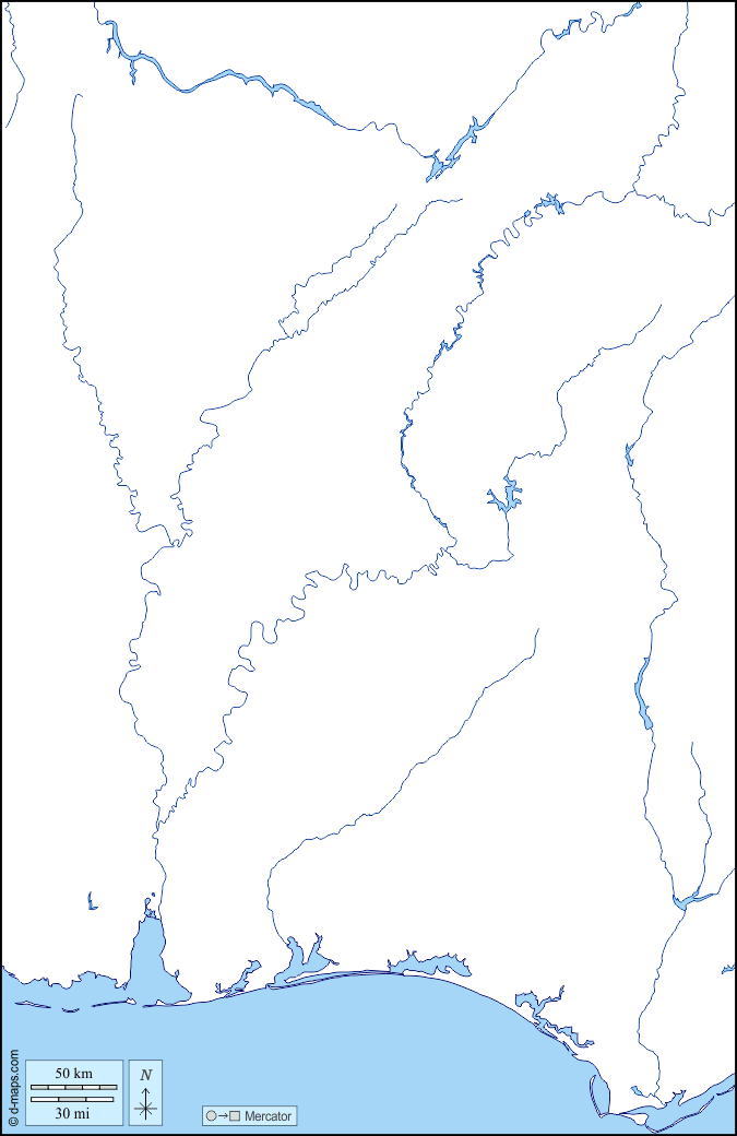 Alabama : d-maps.com: Kostenlose Karten, kostenlose stumme Karte, kostenlose unausgefüllt Landkarte, kostenlose hochauflösende Umrisskarte : Küsten, Hydrografie
