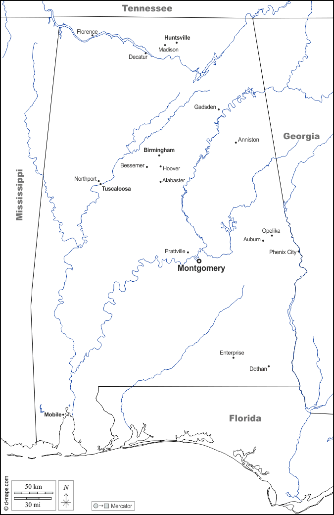 Alabama : d-maps.com: mapa livre, mapa em branco livre, mapa livre do esboço, mapa básico livre
 : fronteiras, hidrografia, principais cidades, nomes, branco