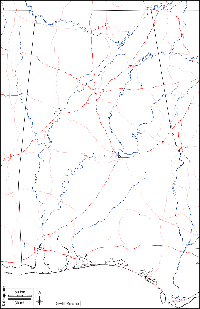 Alabama : d-maps.com: mappa gratuita, mappa muta gratuita, cartina muta gratuita : frontiere, idrografia, principali città, strade, bianco