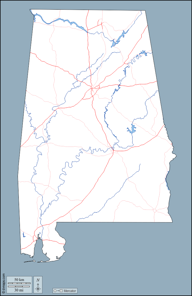 Alabama : d-maps.com: carte géographique gratuite, carte géographique muette gratuite, carte vierge gratuite, fond de carte gratuit, formats graphiques courants : contours, hydrographie, routes