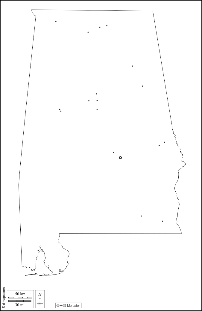 Alabama : d-maps.com: mapa gratuito, mapa mudo gratuito, mapa en blanco gratuito, plantilla de mapa : contornos, principales ciudades, blanco