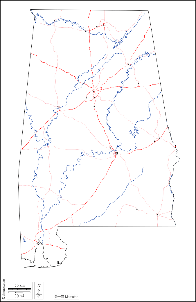 アラバマ : d-maps.com: 無料地図, 無料の空の地図, 無料のアウトラインマップ, 無料のベースマップ
 : 輪郭, 川と湖, 主要都市, 道路, 白い