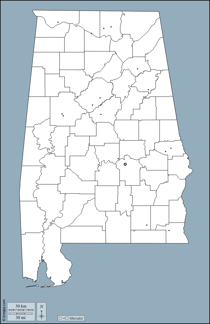 Alabama : d-maps.com: carte géographique gratuite, carte géographique muette gratuite, carte vierge gratuite, fond de carte gratuit, formats graphiques courants : contours, comtés, principales villes