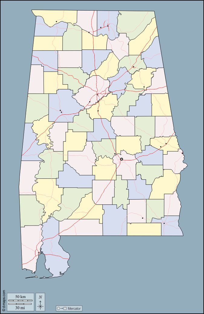 Alabama : d-maps.com: Kostenlose Karten, kostenlose stumme Karte, kostenlose unausgefüllt Landkarte, kostenlose hochauflösende Umrisskarte : Umrisse, Landkreise, Wichtige Städte, Straßen, Farbe
