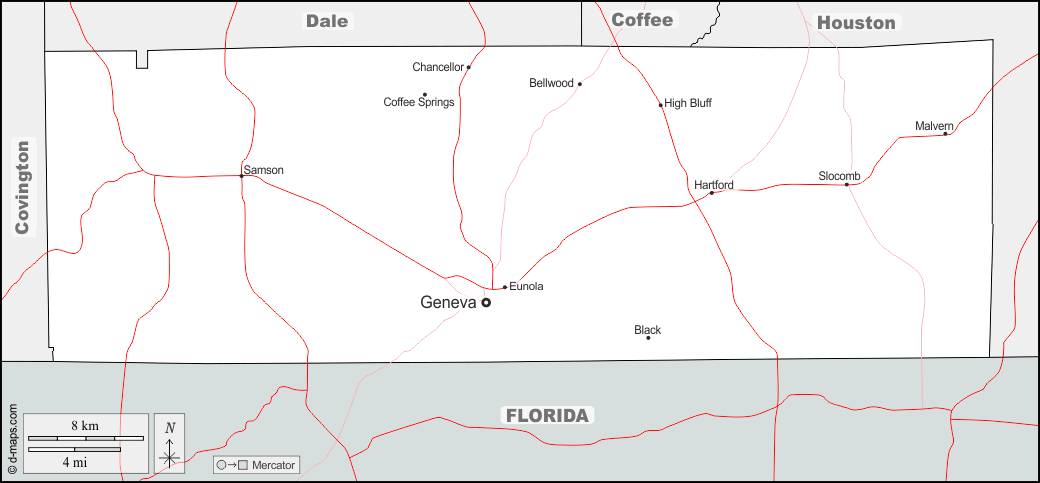 Contea di Geneva : d-maps.com: mappa gratuita, mappa muta gratuita, cartina muta gratuita : frontiere, principali città, strade, nomi