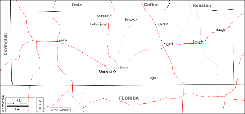 Condado de Geneva : d-maps.com: mapa gratuito, mapa mudo gratuito, mapa en blanco gratuito, plantilla de mapa : fronteras, principales ciudades, carreteras, nombres, blanco