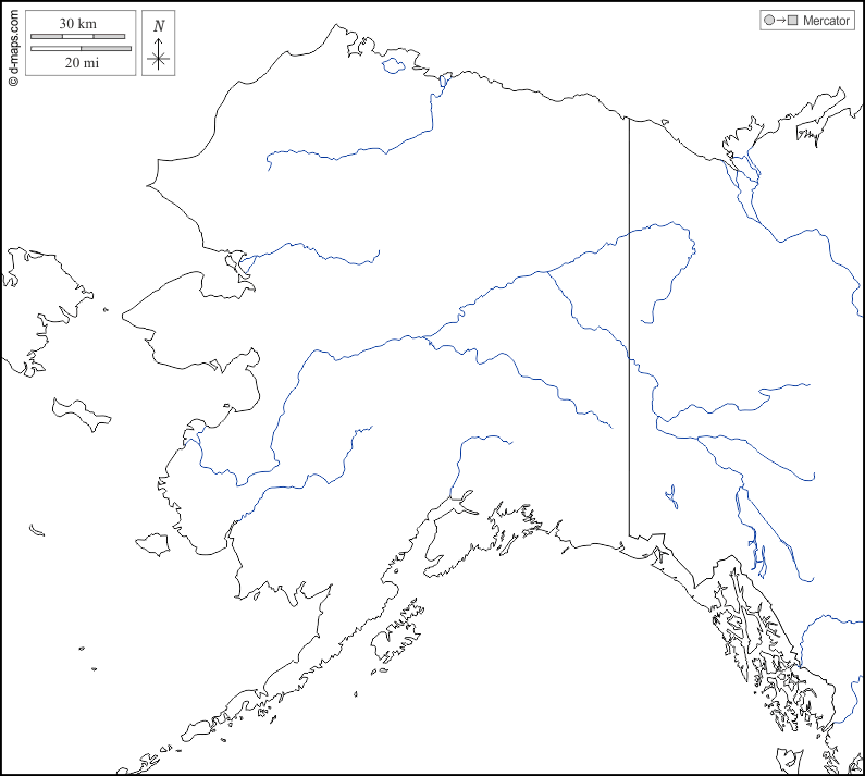 Alaska : d-maps.com: Kostenlose Karten, kostenlose stumme Karte, kostenlose unausgefüllt Landkarte, kostenlose hochauflösende Umrisskarte : Grenzen, Hydrografie, weiß