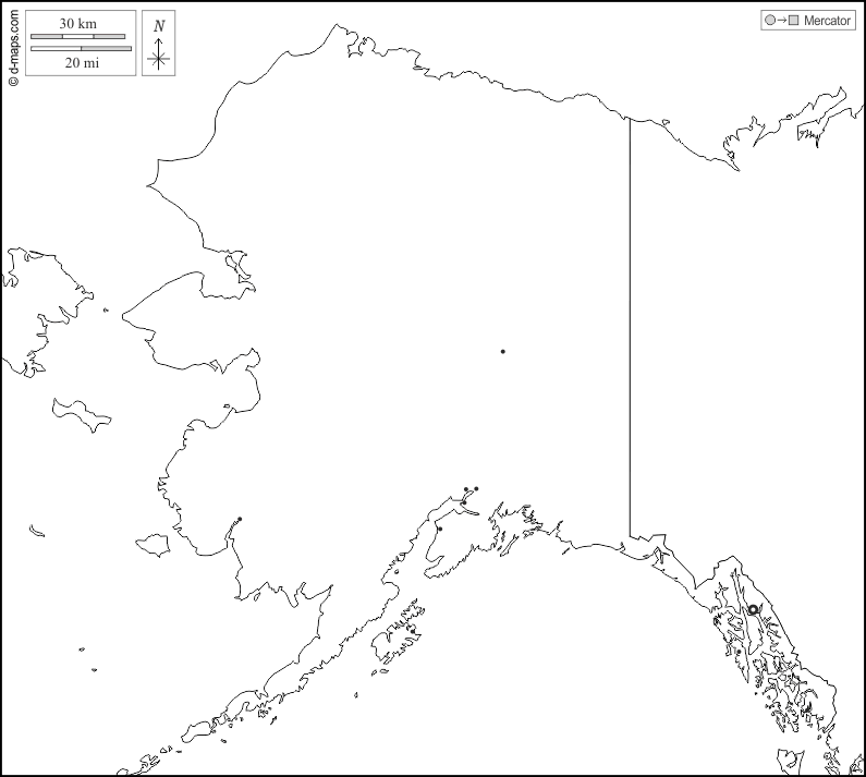 Alaska : d-maps.com: Kostenlose Karten, kostenlose stumme Karte, kostenlose unausgefüllt Landkarte, kostenlose hochauflösende Umrisskarte : Grenzen, Wichtige Städte, weiß