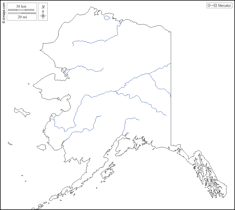 Alaska : d-maps.com: mapa gratuito, mapa mudo gratuito, mapa en blanco gratuito, plantilla de mapa : contornos, hidrografía, blanco