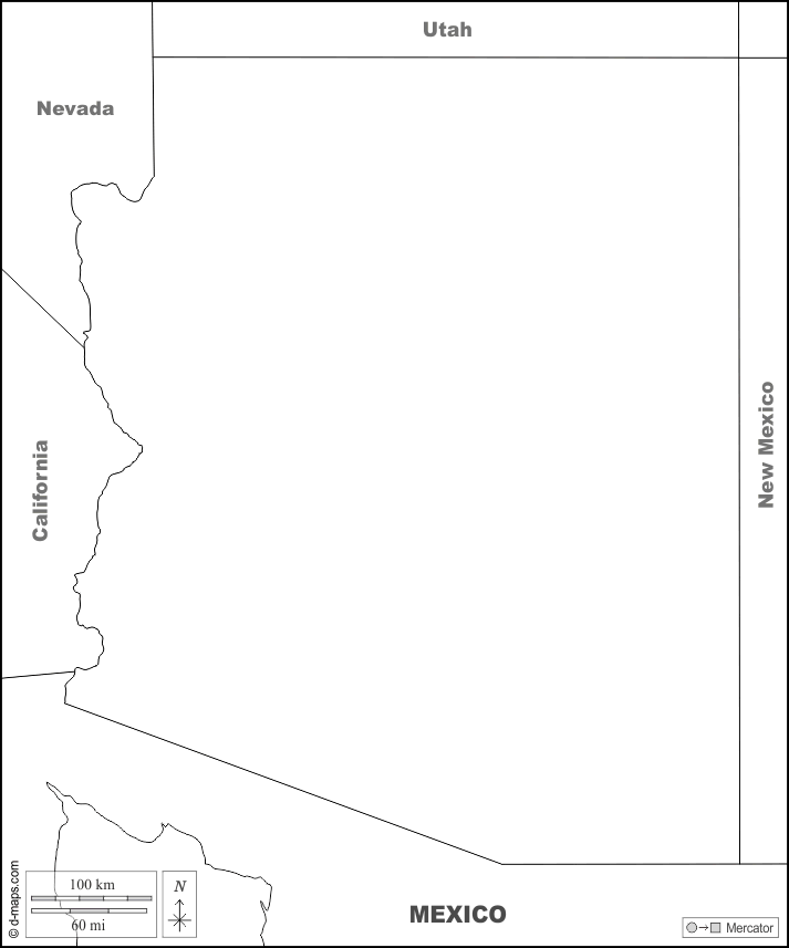 Arizona : d-maps.com: mappa gratuita, mappa muta gratuita, cartina muta gratuita : frontiere, nomi, bianco