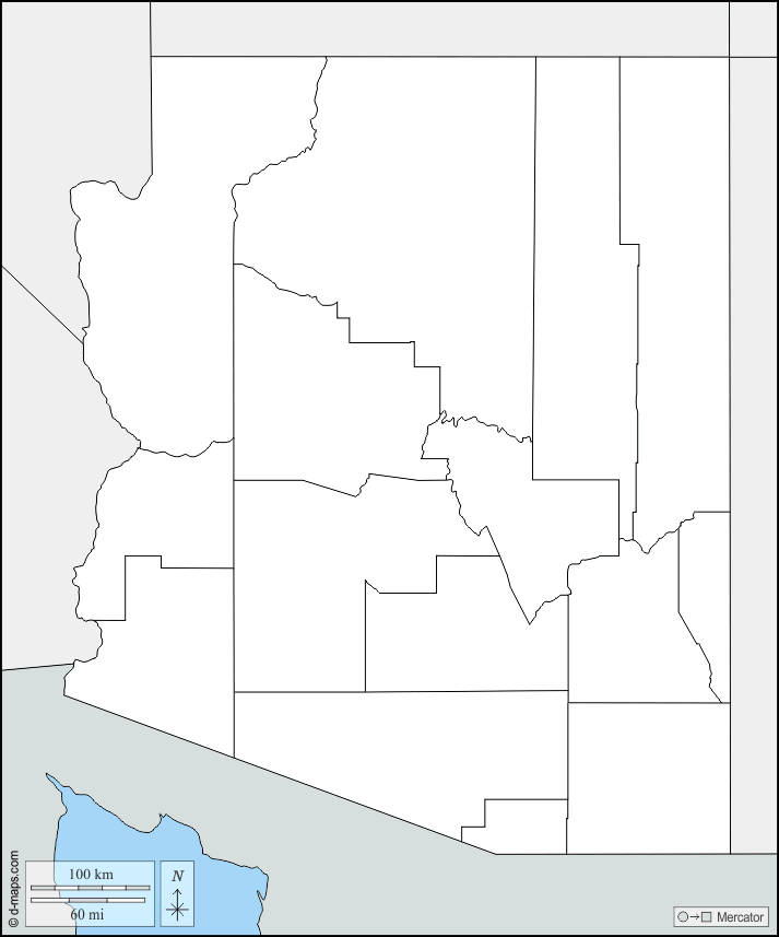 アリゾナ : d-maps.com: 無料地図, 無料の空の地図, 無料のアウトラインマップ, 無料のベースマップ
 : 境界, 郡