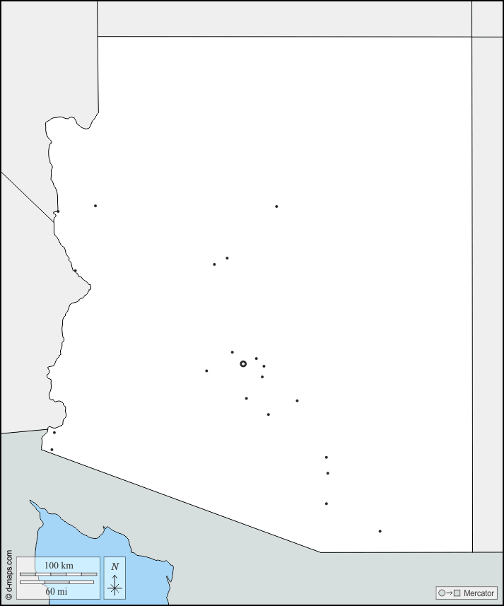 アリゾナ : d-maps.com: 無料地図, 無料の空の地図, 無料のアウトラインマップ, 無料のベースマップ
 : 境界, 主要都市