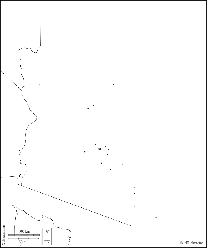 Arizona : d-maps.com: carte géographique gratuite, carte géographique muette gratuite, carte vierge gratuite, fond de carte gratuit, formats graphiques courants : frontières, principales villes, blanc
