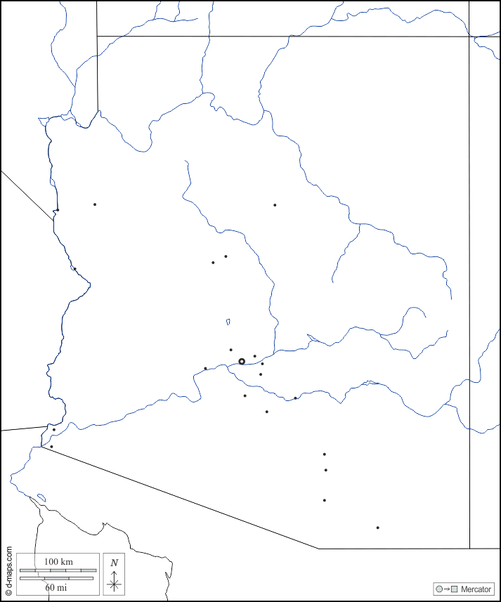 Arizona : d-maps.com: mapa gratuito, mapa mudo gratuito, mapa en blanco gratuito, plantilla de mapa : fronteras, hidrografía, principales ciudades, blanco