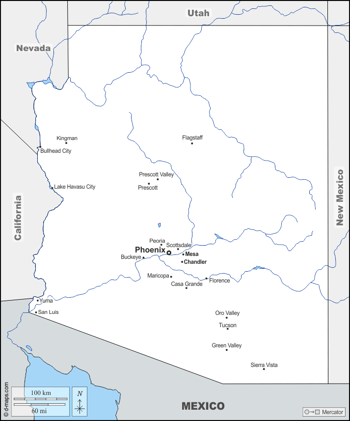 アリゾナ : d-maps.com: 無料地図, 無料の空の地図, 無料のアウトラインマップ, 無料のベースマップ
 : 境界, 川と湖, 主要都市, 名前